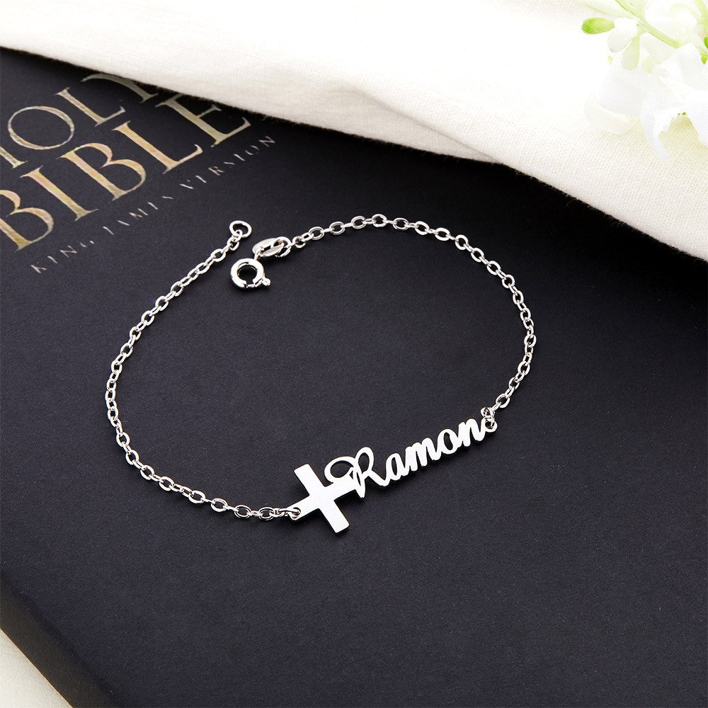 Custom Cross Name Bracelet, Sterling Silver 925 Handwriting Name Jewelry, Christening/First Communion Gift, Birthday/Mother's Day Gift for Her/Mom
