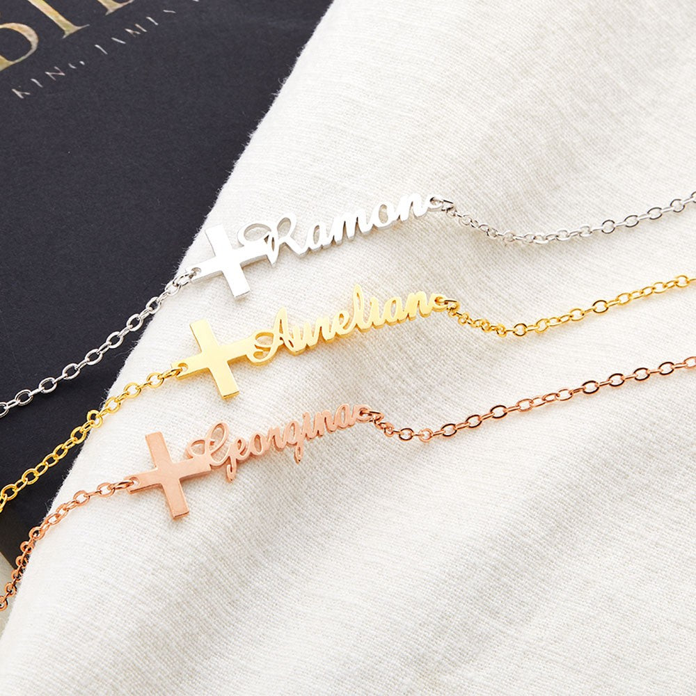 Custom Cross Name Bracelet, Sterling Silver 925 Handwriting Name Jewelry, Christening/First Communion Gift, Birthday/Mother's Day Gift for Her/Mom