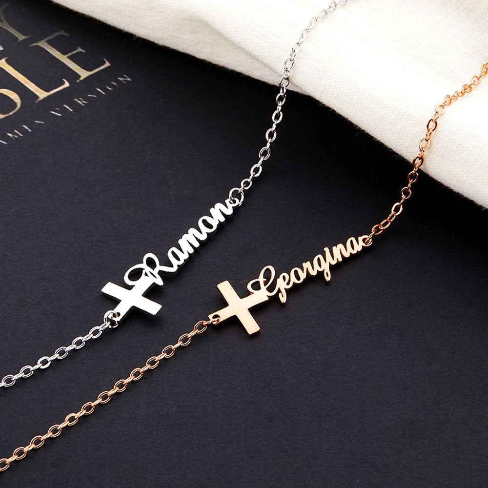 Custom Cross Name Bracelet, Sterling Silver 925 Handwriting Name Jewelry, Christening/First Communion Gift, Birthday/Mother's Day Gift for Her/Mom