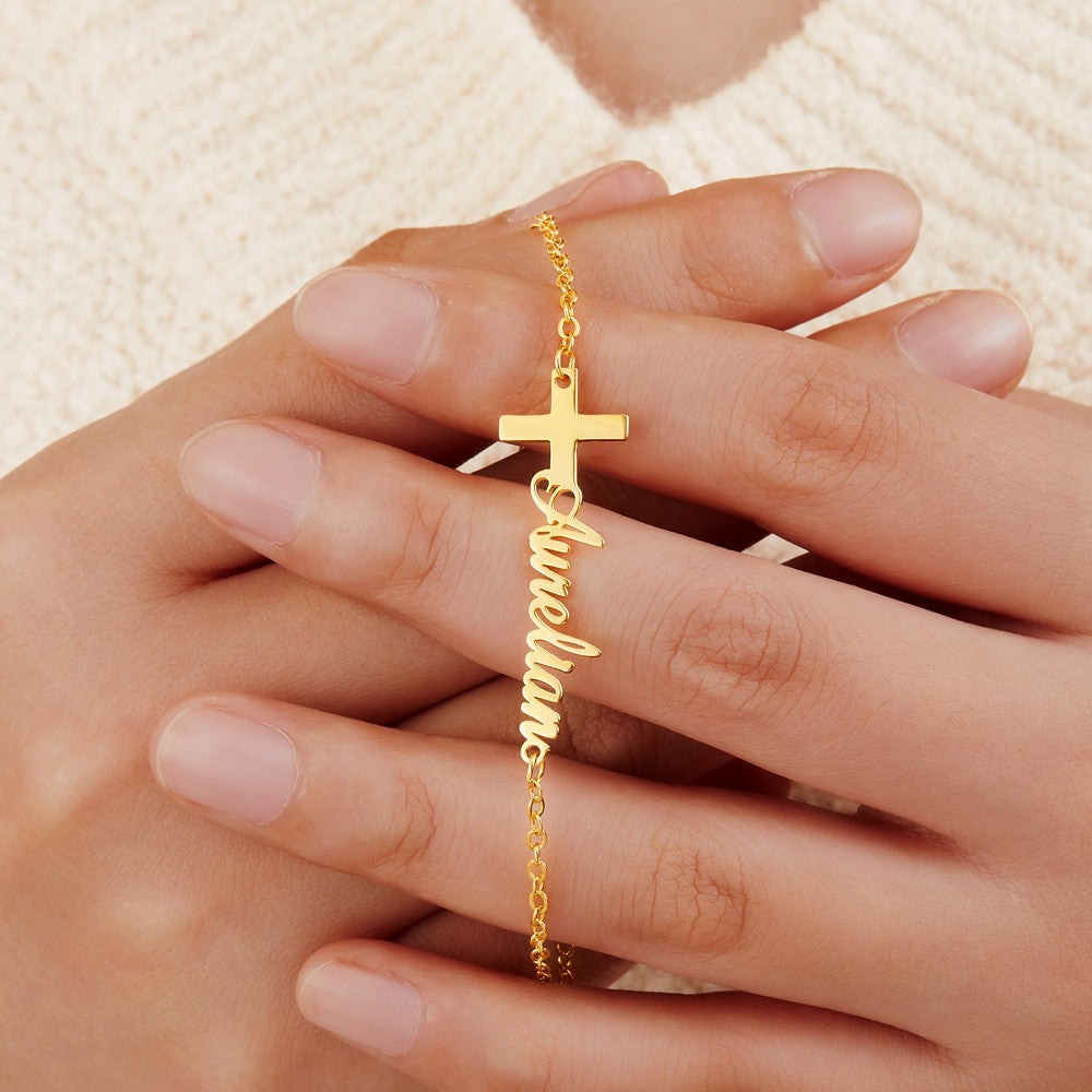 Custom Cross Name Bracelet, Sterling Silver 925 Handwriting Name Jewelry, Christening/First Communion Gift, Birthday/Mother's Day Gift for Her/Mom