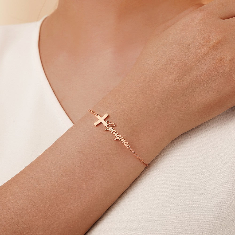 Custom Cross Name Bracelet, Sterling Silver 925 Handwriting Name Jewelry, Christening/First Communion Gift, Birthday/Mother's Day Gift for Her/Mom