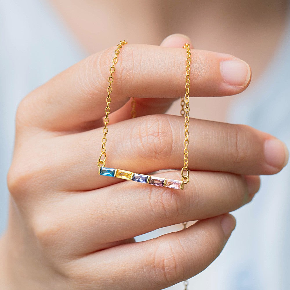 Personalized Rectangular Birthstones Pendant Necklace, Family Birthstones Necklace, Sterling Silver 925 Jewelry, Birthday/Mother's Day Gift for Women