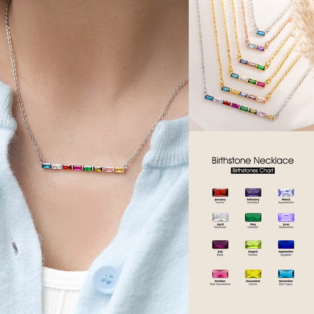 Personalized Rectangular Birthstones Pendant Necklace, Family Birthstones Necklace, Sterling Silver 925 Jewelry, Birthday/Mother's Day Gift for Women