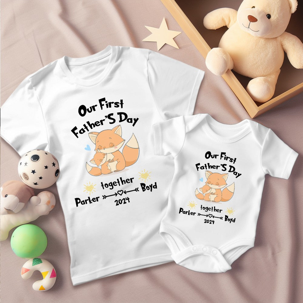 Custom Our First Father's Day Parent-Child Clothing Matching Shirts, Fox Bear Lion Cotton Daddy T-Shirt & Baby Bodysuit Set, Gift for New Dad/Newborn