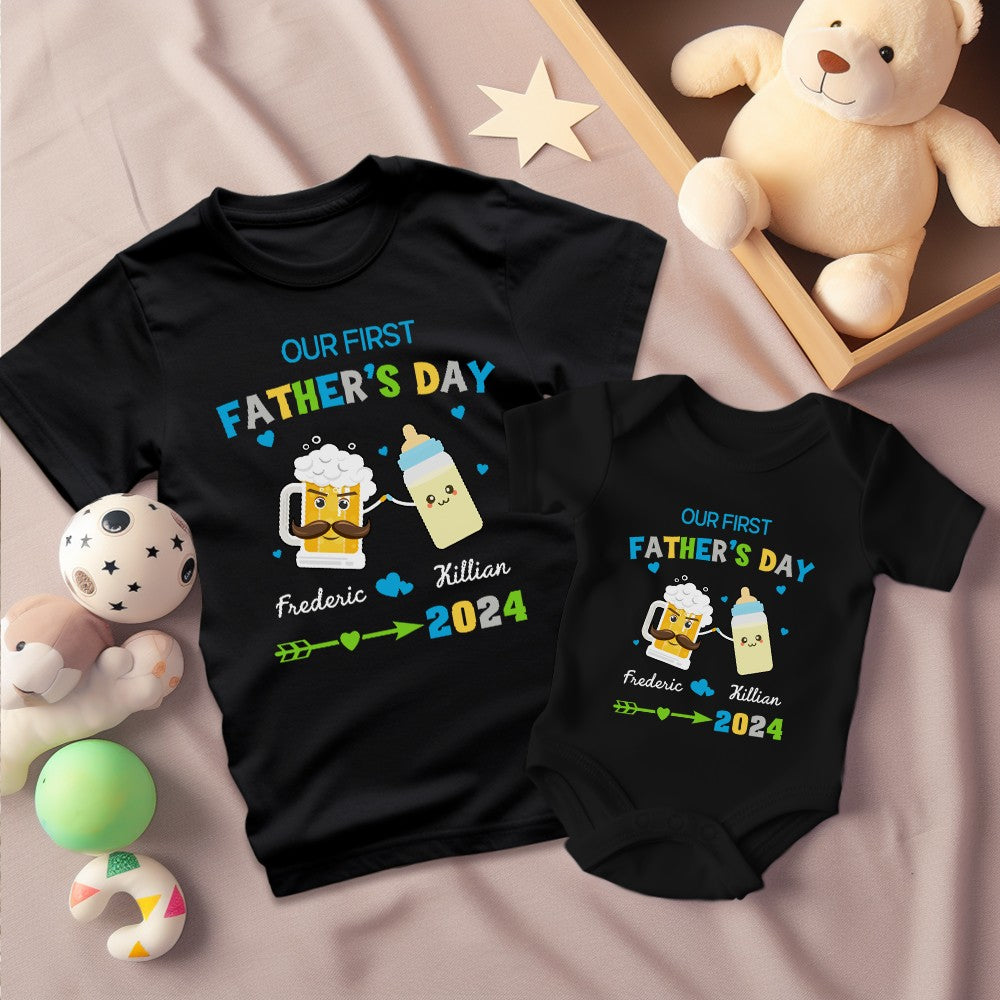 Custom Our First Father's Day Parent-Child Clothing Matching Shirts, Fox Bear Lion Cotton Daddy T-Shirt & Baby Bodysuit Set, Gift for New Dad/Newborn