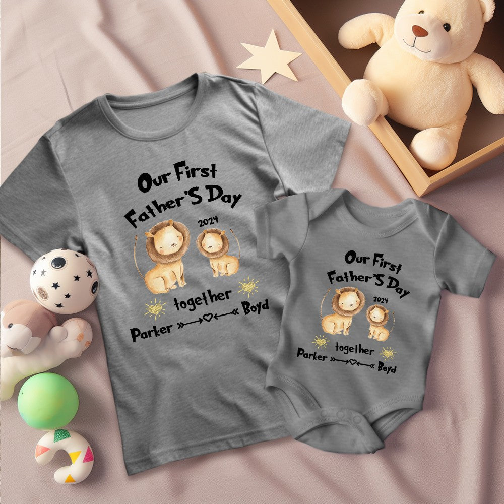 Custom Our First Father's Day Parent-Child Clothing Matching Shirts, Fox Bear Lion Cotton Daddy T-Shirt & Baby Bodysuit Set, Gift for New Dad/Newborn