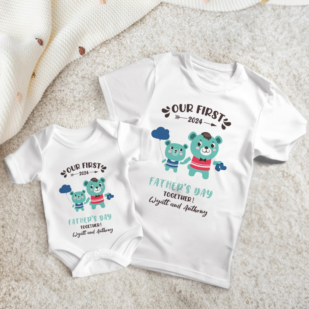 Custom Our First Father's Day Parent-Child Clothing Matching Shirts, Fox Bear Lion Cotton Daddy T-Shirt & Baby Bodysuit Set, Gift for New Dad/Newborn