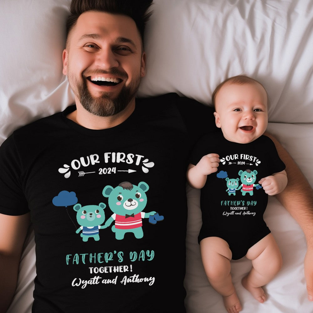 Custom Our First Father's Day Parent-Child Clothing Matching Shirts, Fox Bear Lion Cotton Daddy T-Shirt & Baby Bodysuit Set, Gift for New Dad/Newborn