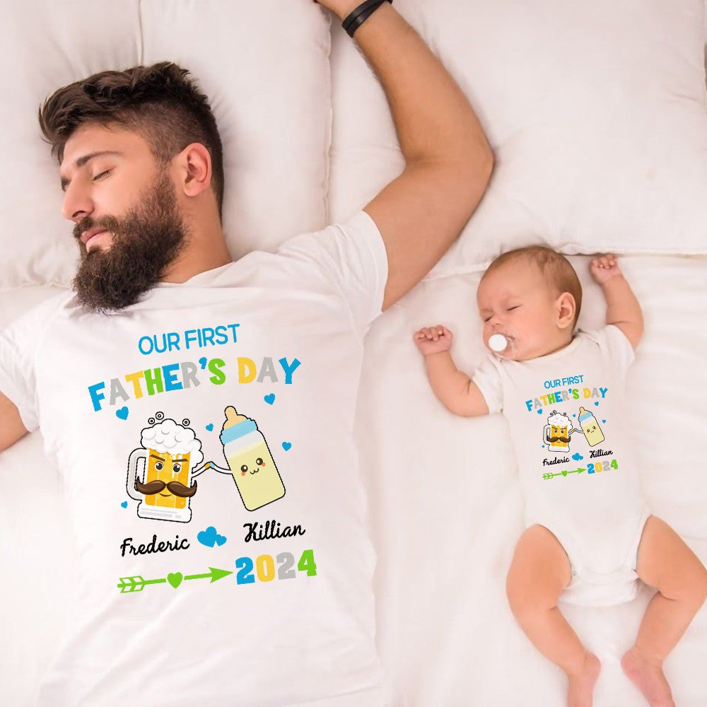Custom Our First Father's Day Parent-Child Clothing Matching Shirts, Fox Bear Lion Cotton Daddy T-Shirt & Baby Bodysuit Set, Gift for New Dad/Newborn