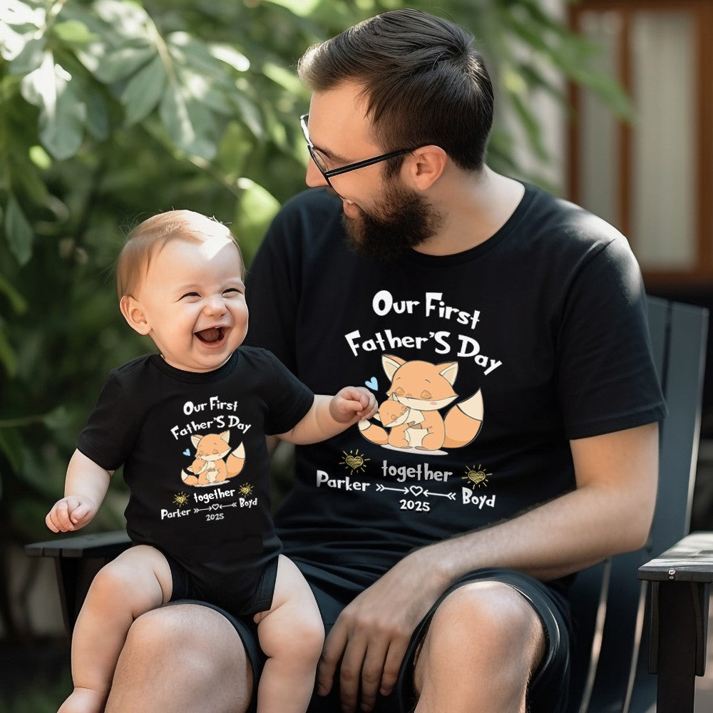 Custom Our First Father's Day Parent-Child Clothing Matching Shirts, Fox Bear Lion Cotton Daddy T-Shirt & Baby Bodysuit Set, Gift for New Dad/Newborn