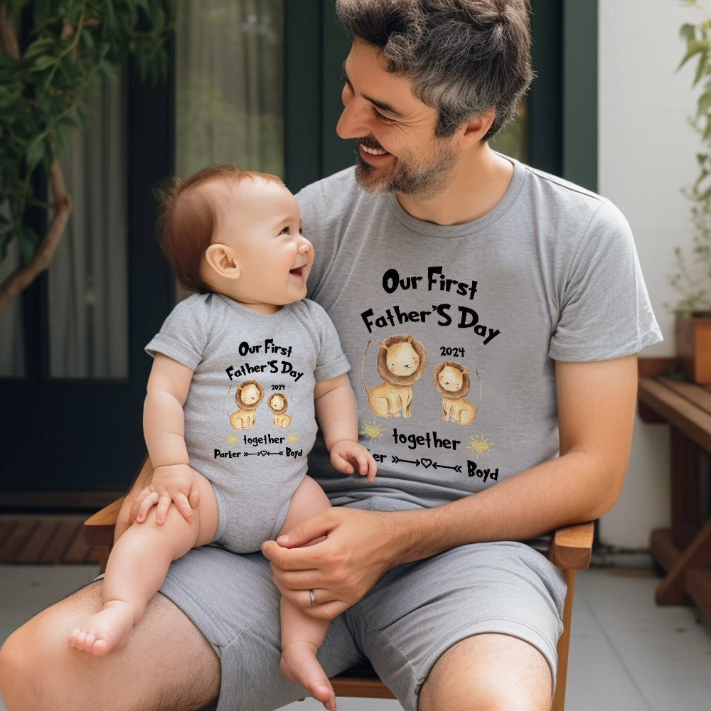 Custom Our First Father's Day Parent-Child Clothing Matching Shirts, Fox Bear Lion Cotton Daddy T-Shirt & Baby Bodysuit Set, Gift for New Dad/Newborn