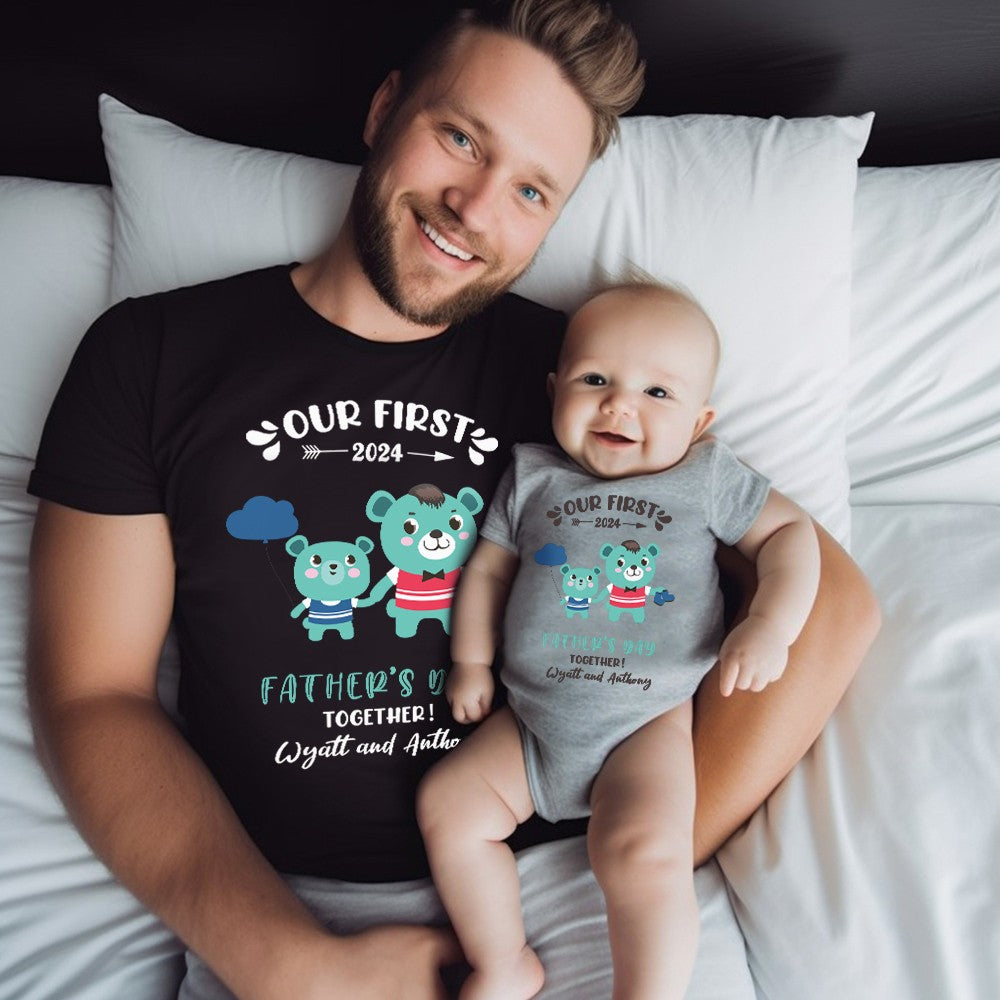 Custom Our First Father's Day Parent-Child Clothing Matching Shirts, Fox Bear Lion Cotton Daddy T-Shirt & Baby Bodysuit Set, Gift for New Dad/Newborn
