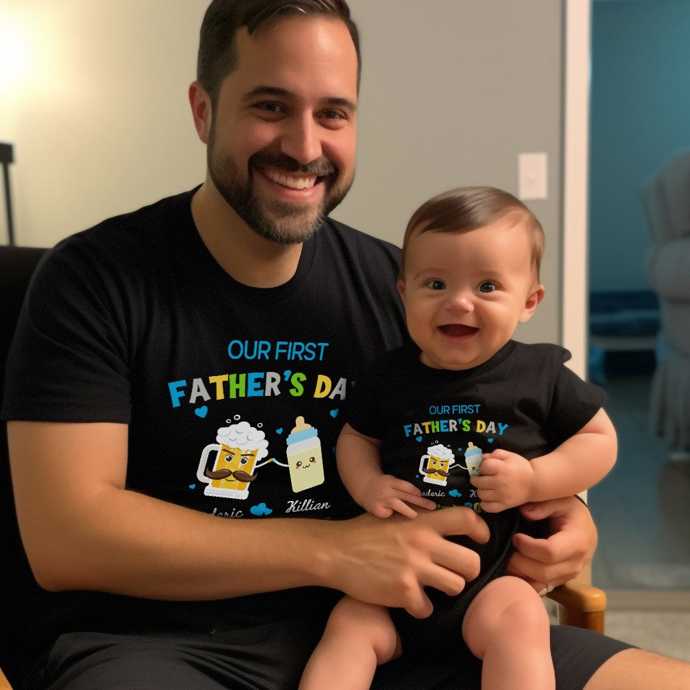 Custom Our First Father's Day Parent-Child Clothing Matching Shirts, Fox Bear Lion Cotton Daddy T-Shirt & Baby Bodysuit Set, Gift for New Dad/Newborn