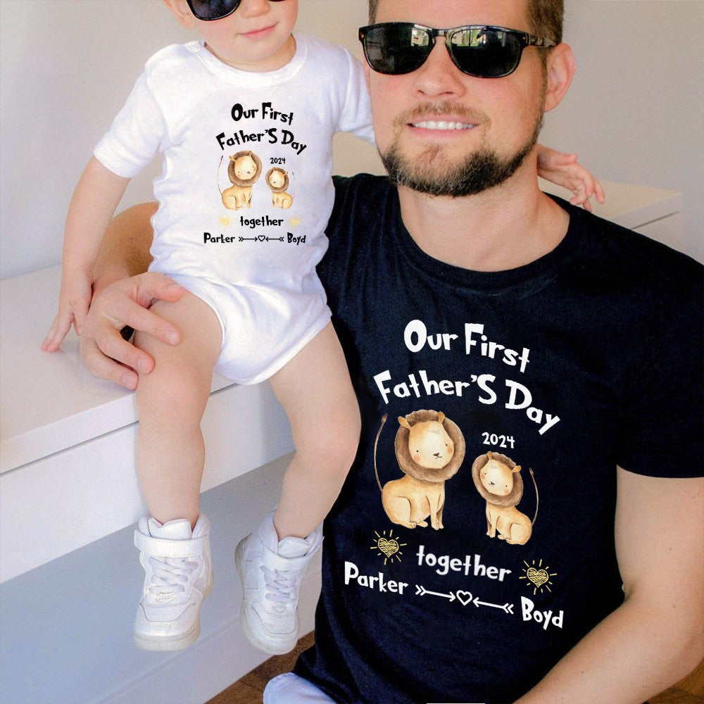 Custom Our First Father's Day Parent-Child Clothing Matching Shirts, Fox Bear Lion Cotton Daddy T-Shirt & Baby Bodysuit Set, Gift for New Dad/Newborn