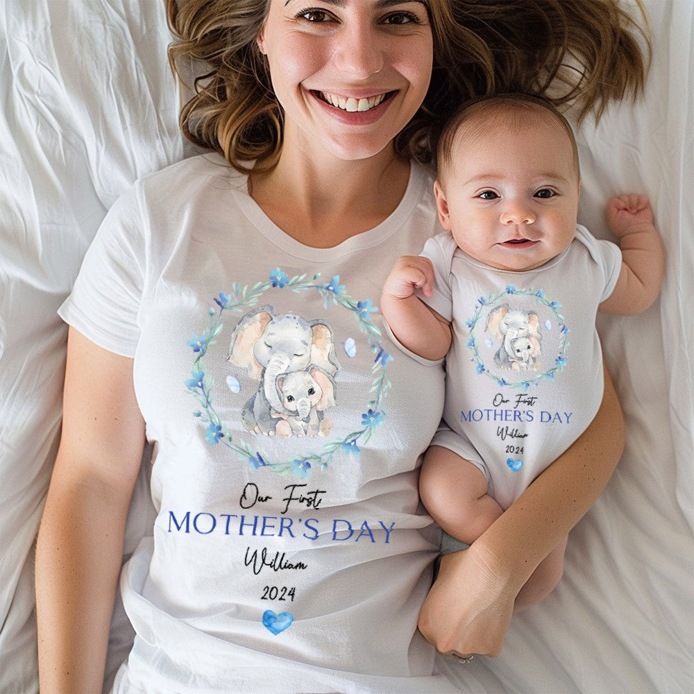Custom First Mother's Day Mom and Baby Set, Cute Elephant Mom & Baby Parent-Child Clothing, Mother's Day Gift for New Mom, Baby Show Gift for Newborn