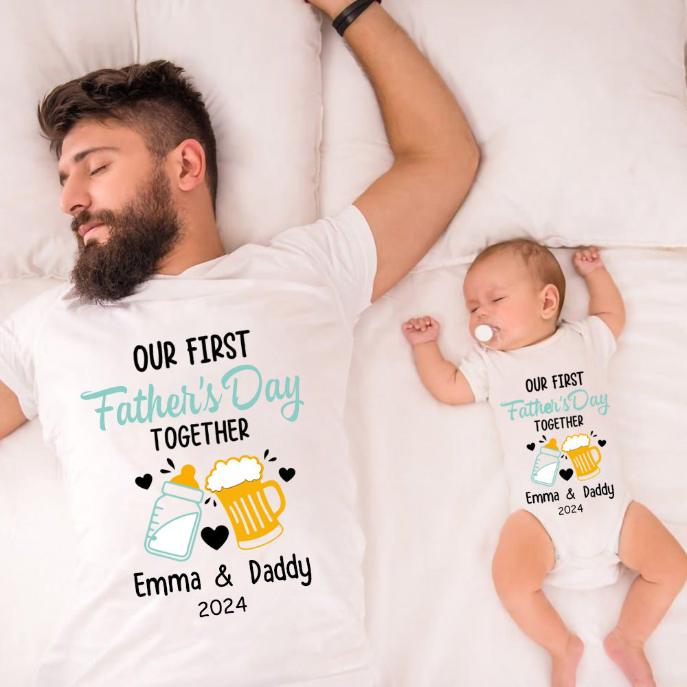 Personalized Beer & Bottle Matching Shirts, Our First Father's Day Together Shirt, Cotton Bodysuit, Father and Baby Shirt, Father's Day Gift for Dad