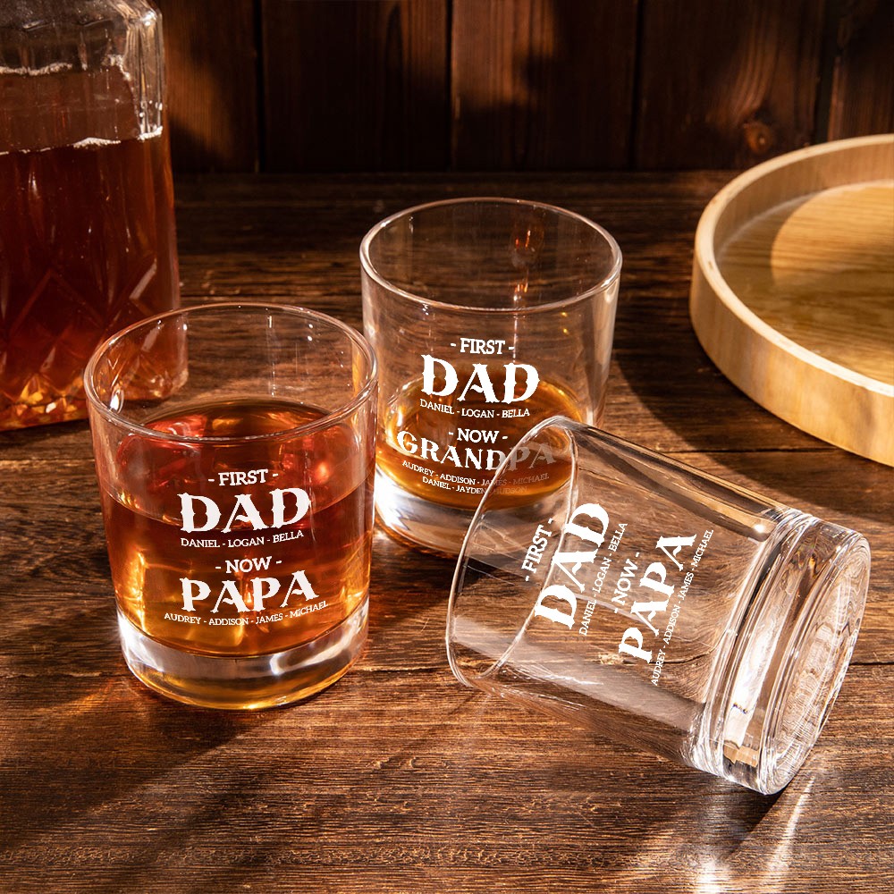 Personalized First Dad Now Grandpa Whiskey Glass, Custom Kid Name Engraved Classic Clear Glass, Alcohol Gift, Father's Day Gift for Dad/Grandpa/Men