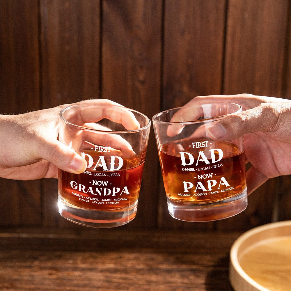 Personalized First Dad Now Grandpa Whiskey Glass, Custom Kid Name Engraved Classic Clear Glass, Alcohol Gift, Father's Day Gift for Dad/Grandpa/Men