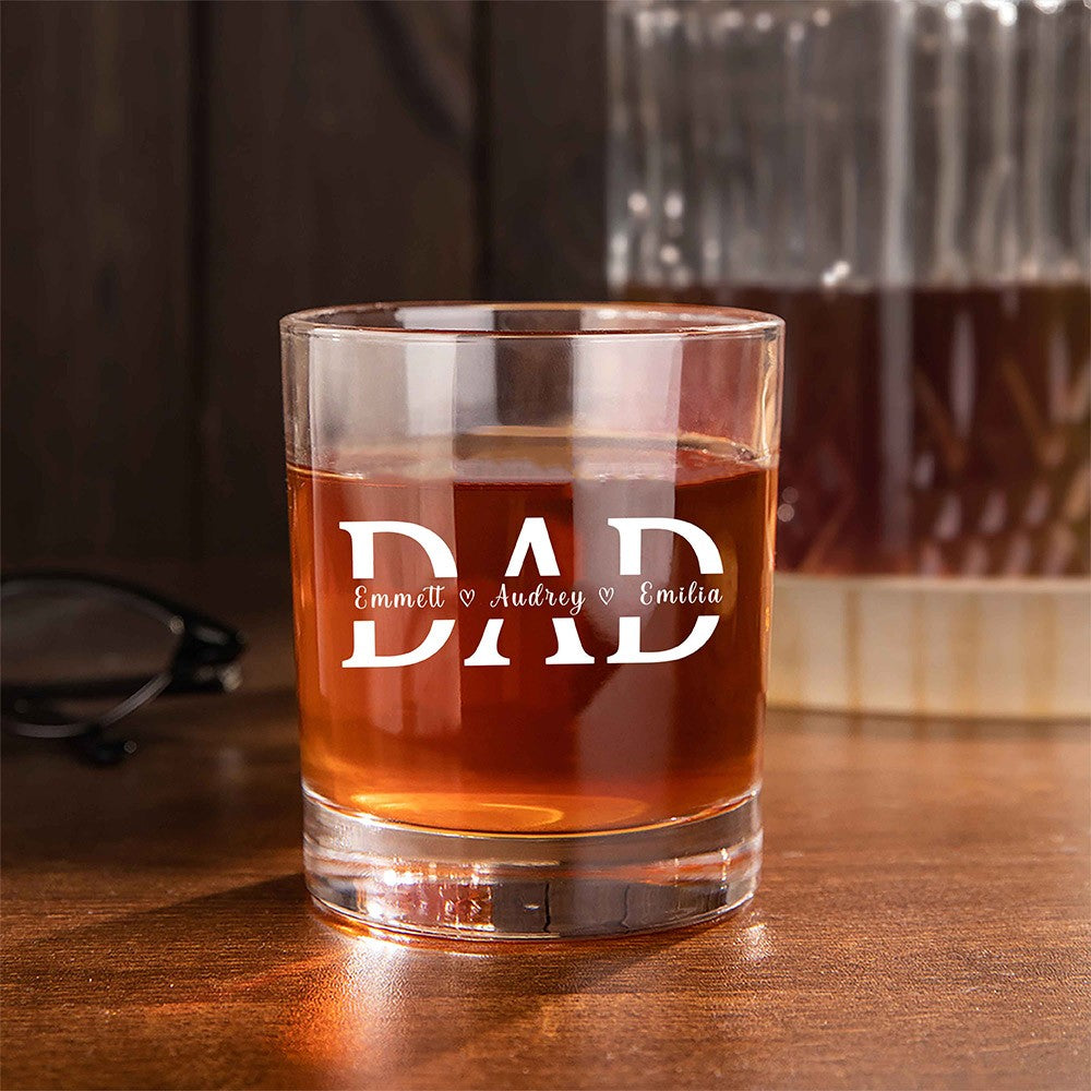 Custom Father's Whiskey Glass with Kid Name, Personalized 10oz Clear Bourbon Glass, Alcohol Gift for Drinker, Father's Day Gift for Dad/Grandpa/Son