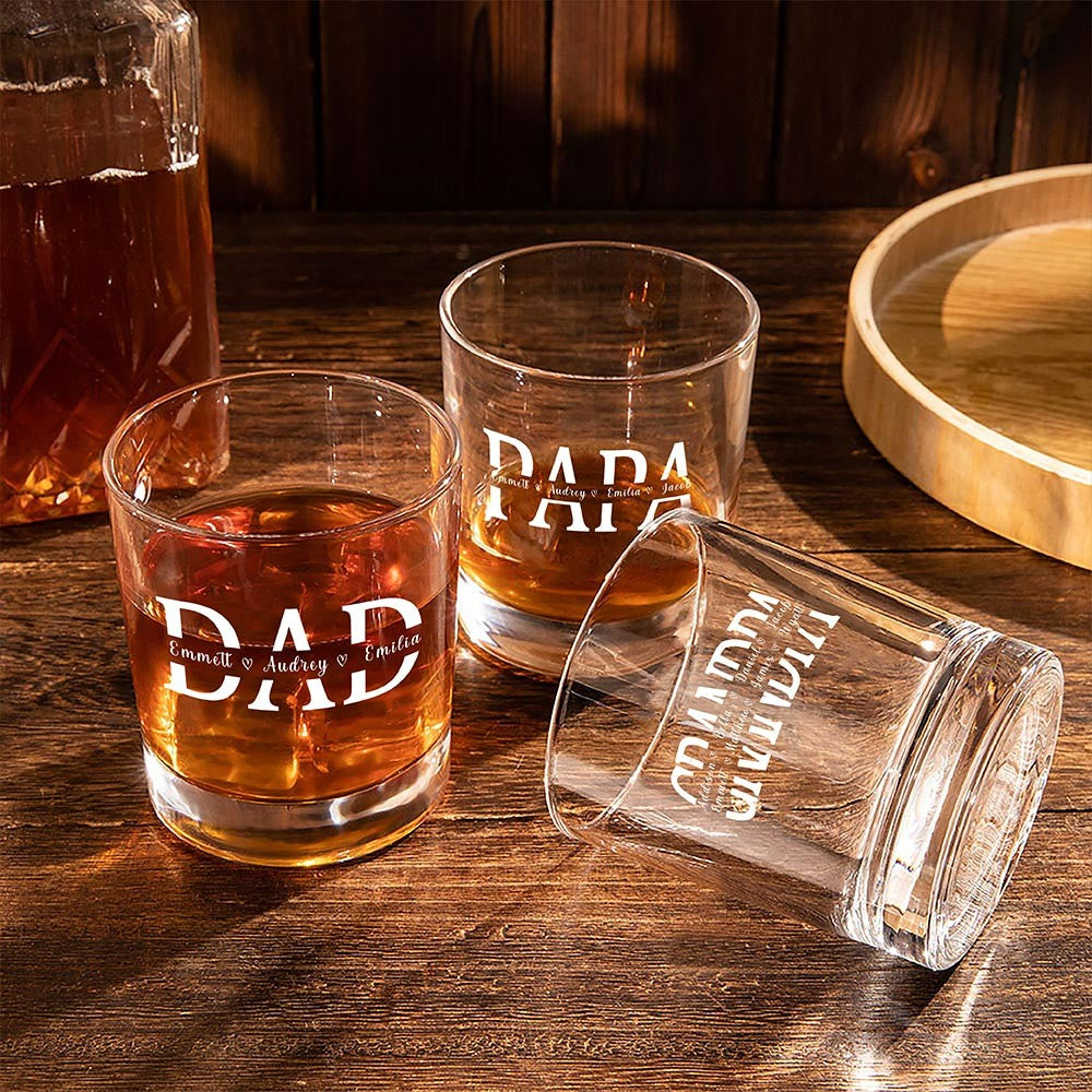 Custom Father's Whiskey Glass with Kid Name, Personalized 10oz Clear Bourbon Glass, Alcohol Gift for Drinker, Father's Day Gift for Dad/Grandpa/Son