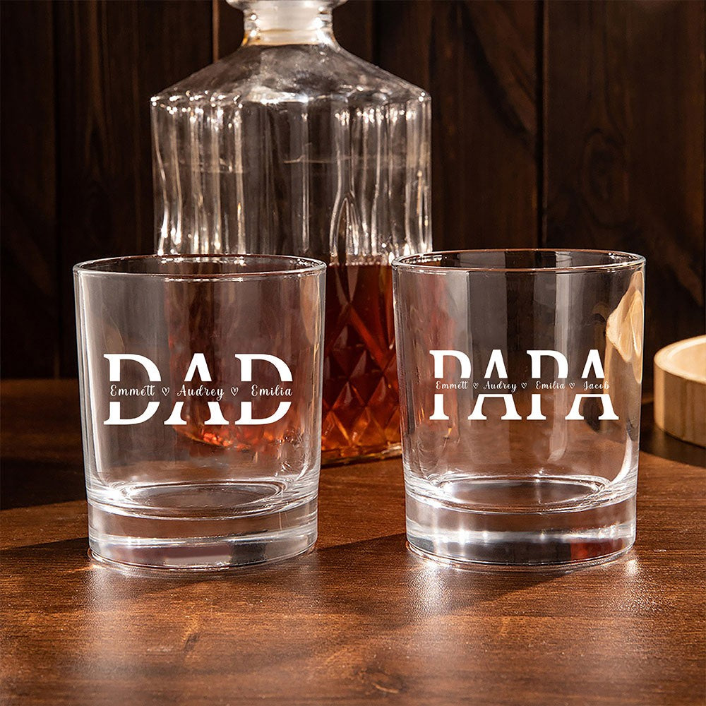 Custom Father's Whiskey Glass with Kid Name, Personalized 10oz Clear Bourbon Glass, Alcohol Gift for Drinker, Father's Day Gift for Dad/Grandpa/Son