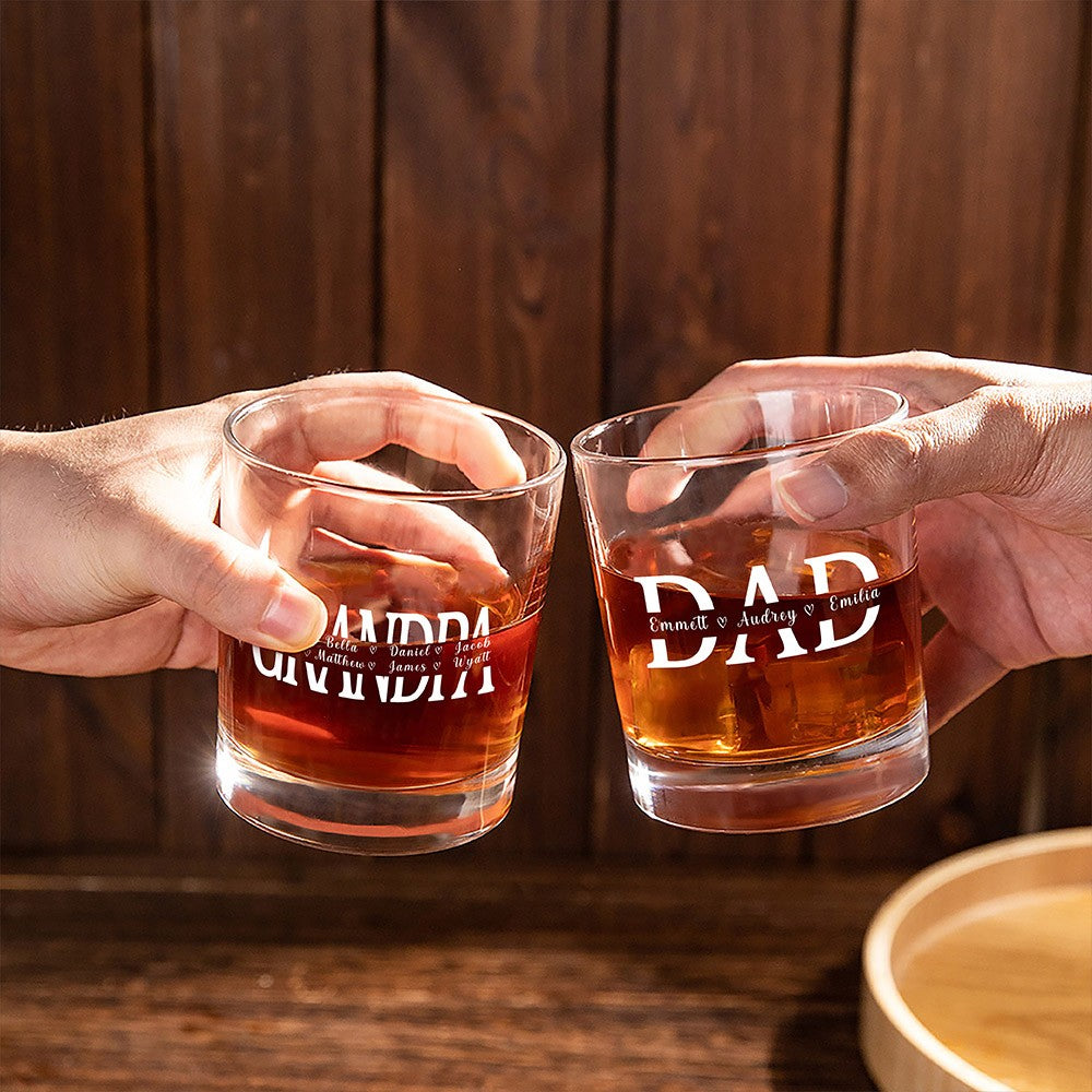 Custom Father's Whiskey Glass with Kid Name, Personalized 10oz Clear Bourbon Glass, Alcohol Gift for Drinker, Father's Day Gift for Dad/Grandpa/Son