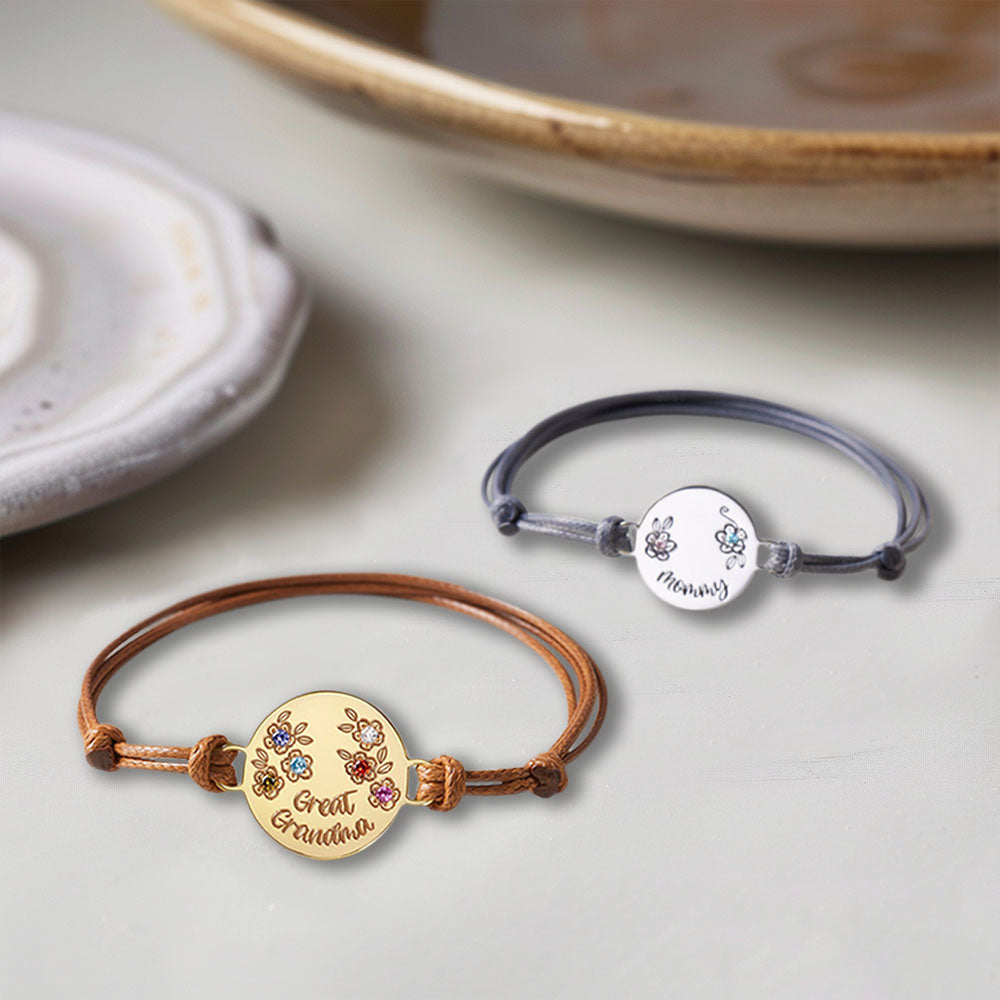 Personalized Birthstone Flower Charm Leather Rope Bracelet, Birthstone Bracelet, Women's Jewelry, Birthday/Mother's Day Gift for Mom/Grandma/Her