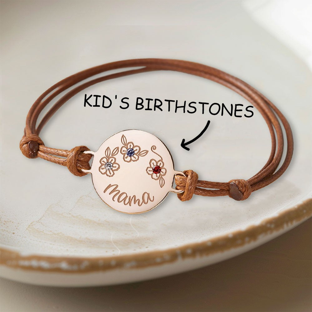 Personalized Birthstone Flower Charm Leather Rope Bracelet, Birthstone Bracelet, Women's Jewelry, Birthday/Mother's Day Gift for Mom/Grandma/Her