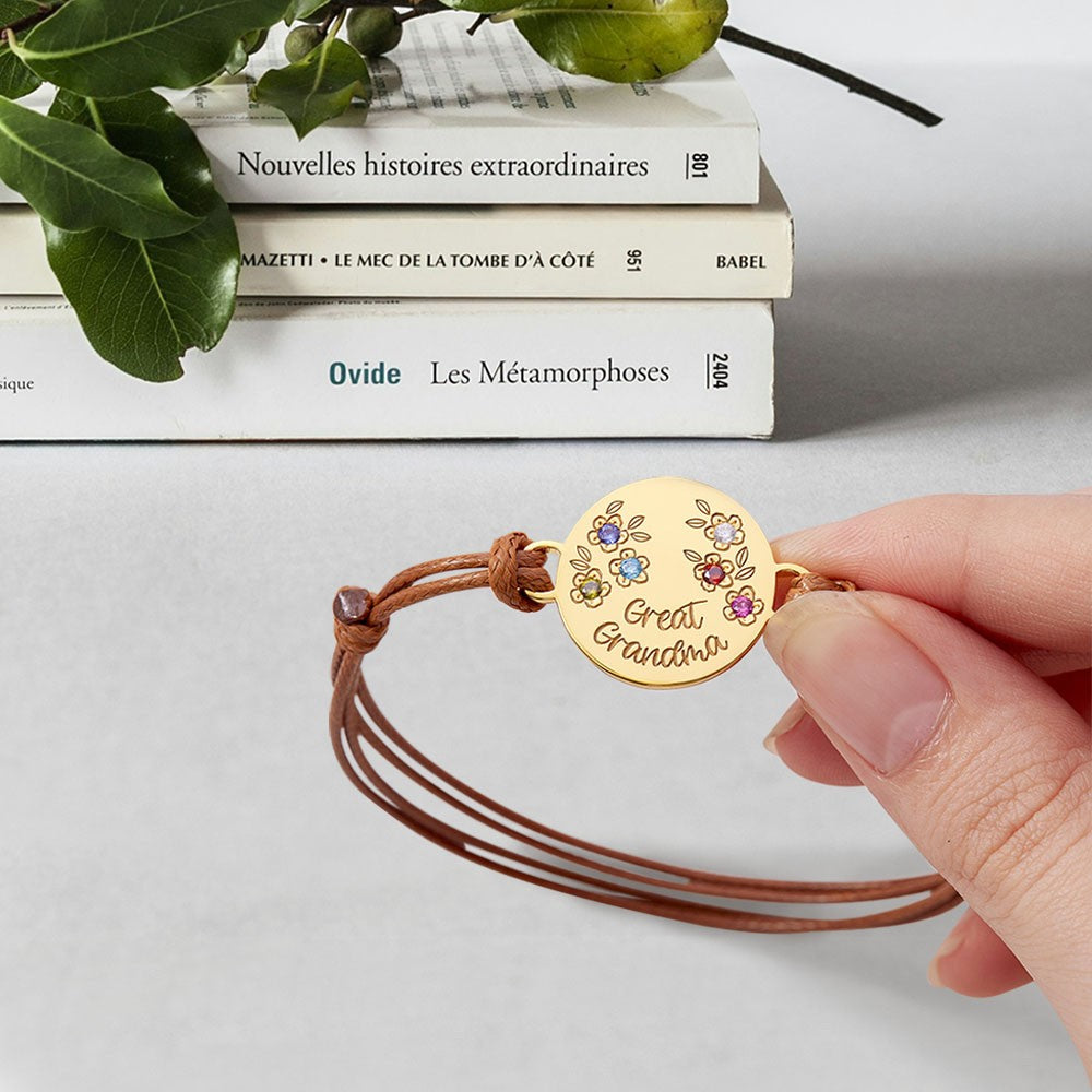Personalized Birthstone Flower Charm Leather Rope Bracelet, Birthstone Bracelet, Women's Jewelry, Birthday/Mother's Day Gift for Mom/Grandma/Her