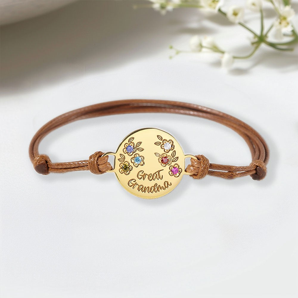 Personalized Birthstone Flower Charm Leather Rope Bracelet, Birthstone Bracelet, Women's Jewelry, Birthday/Mother's Day Gift for Mom/Grandma/Her