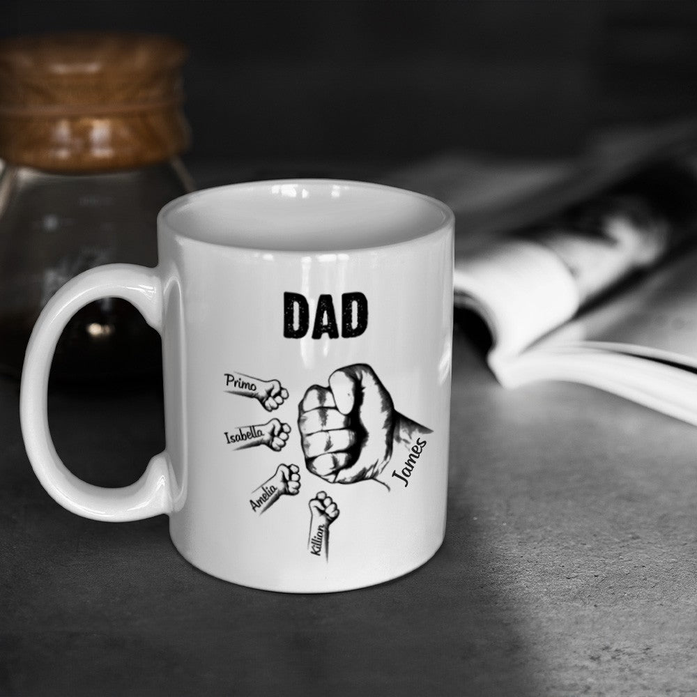 Personalized Dad and Kid Fist Bump Ceramic Mug, Custom Multiple Names Family Mug, Home Decoration, Father's Day/Birthday Gift for Dad/Husband/Him