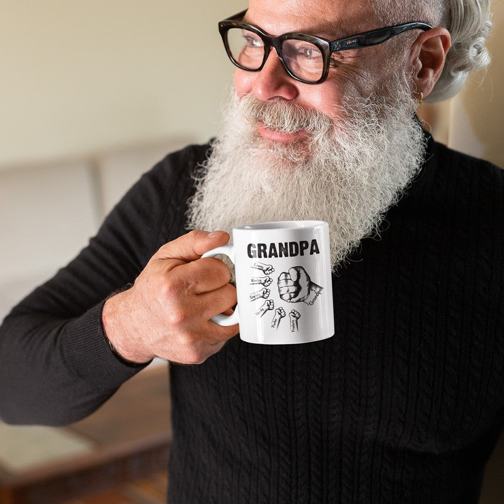 Personalized Dad and Kid Fist Bump Ceramic Mug, Custom Multiple Names Family Mug, Home Decoration, Father's Day/Birthday Gift for Dad/Husband/Him