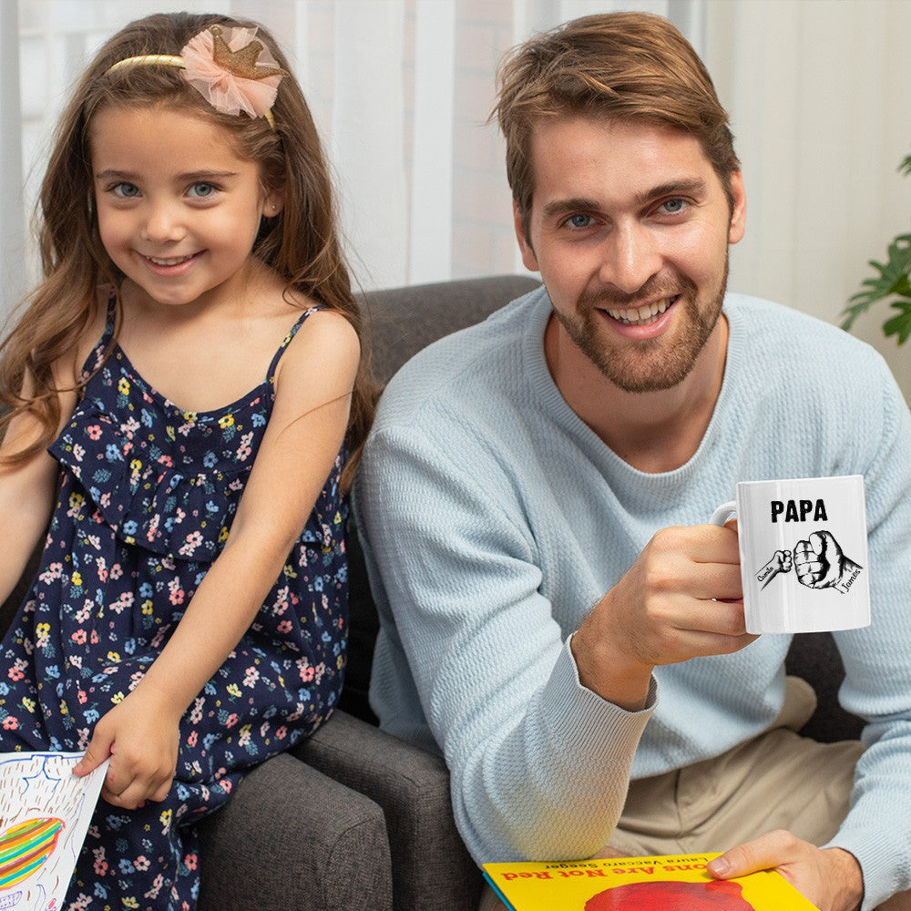 Personalized Dad and Kid Fist Bump Ceramic Mug, Custom Multiple Names Family Mug, Home Decoration, Father's Day/Birthday Gift for Dad/Husband/Him