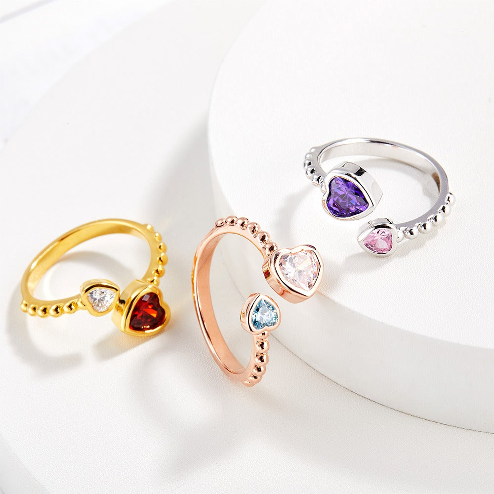 Custom Double Heart Birthstone Ring, Sterling Silver Ring, Love Memorial Ring, Family Jewelry, Birthday/Christmas Gift, Gift for Grandmom/Mom/Daughter
