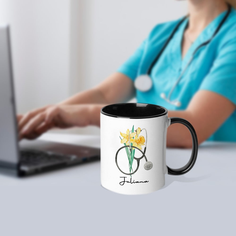 Personalized Stethoscope Birth Flower Nurse Mug, 11oz Ceramic Mug, Nurse Week/Appreciation/Graduation/Birthday Gift for Nurse/Doctor/Medical Staff