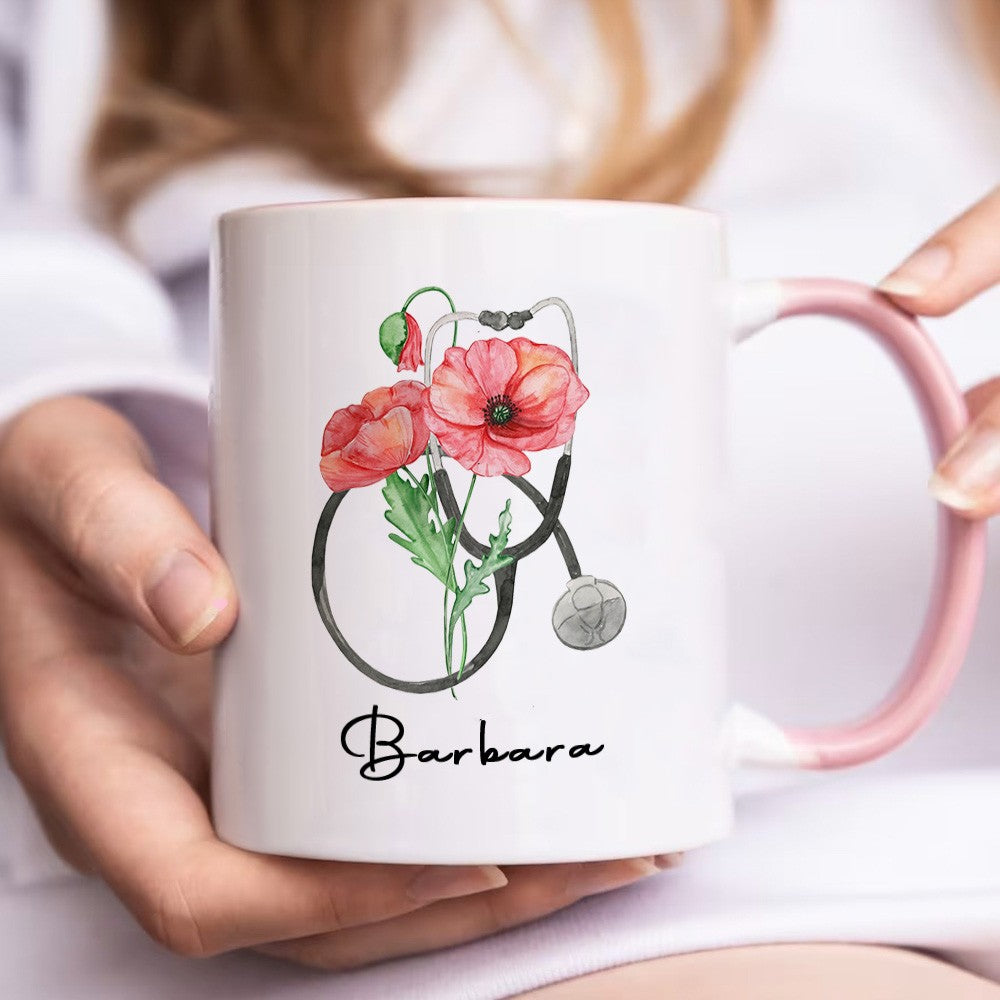 Personalized Stethoscope Birth Flower Nurse Mug, 11oz Ceramic Mug, Nurse Week/Appreciation/Graduation/Birthday Gift for Nurse/Doctor/Medical Staff