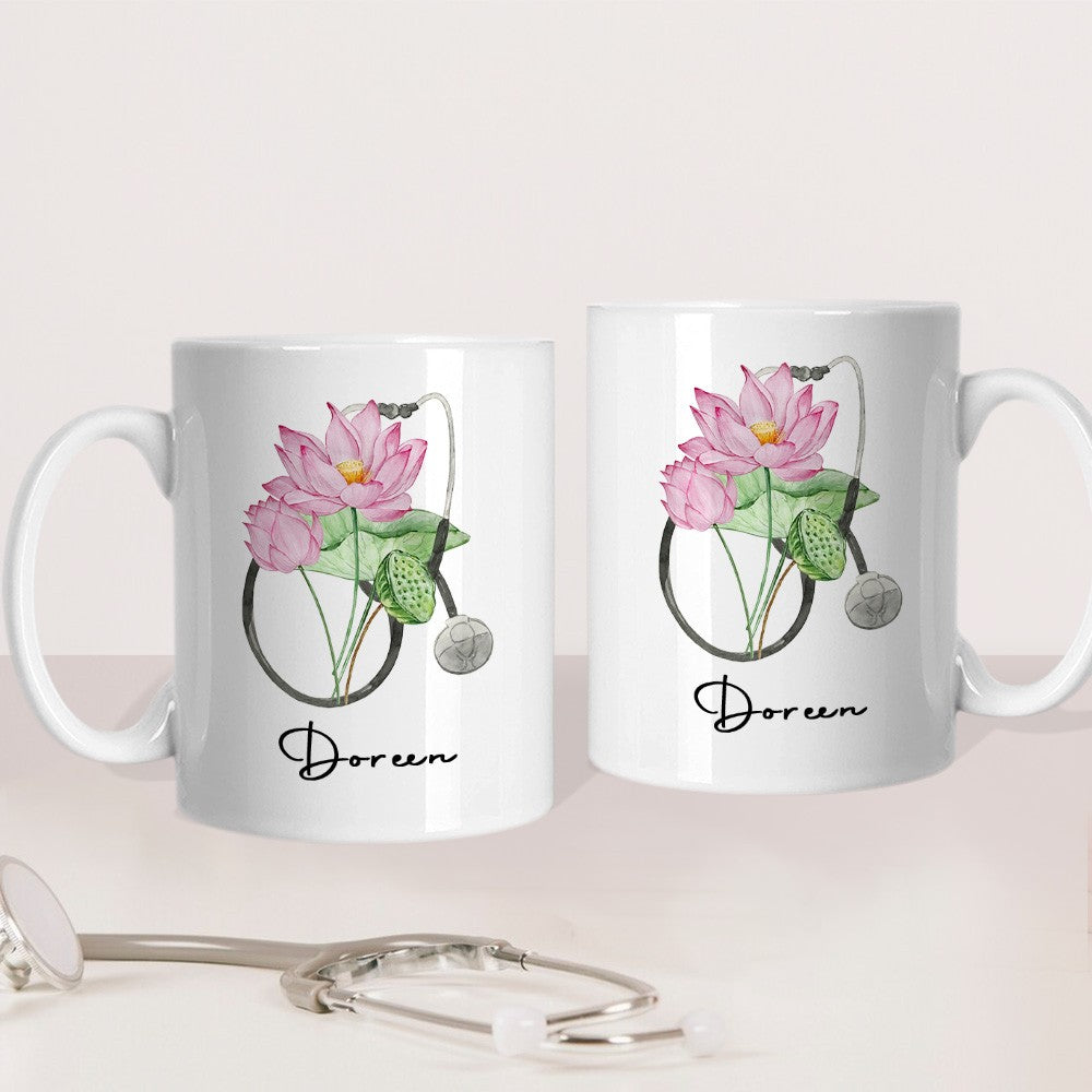 Personalized Stethoscope Birth Flower Nurse Mug, 11oz Ceramic Mug, Nurse Week/Appreciation/Graduation/Birthday Gift for Nurse/Doctor/Medical Staff