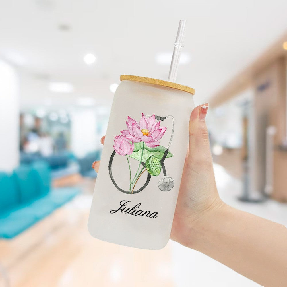 Personalized Birth Flower Stethoscope Tumbler, 20oz Name Tumbler with Straw & Bamboo Lid, Nurse Graduation Gift Cup, Gift for Doctor/Medical Staff