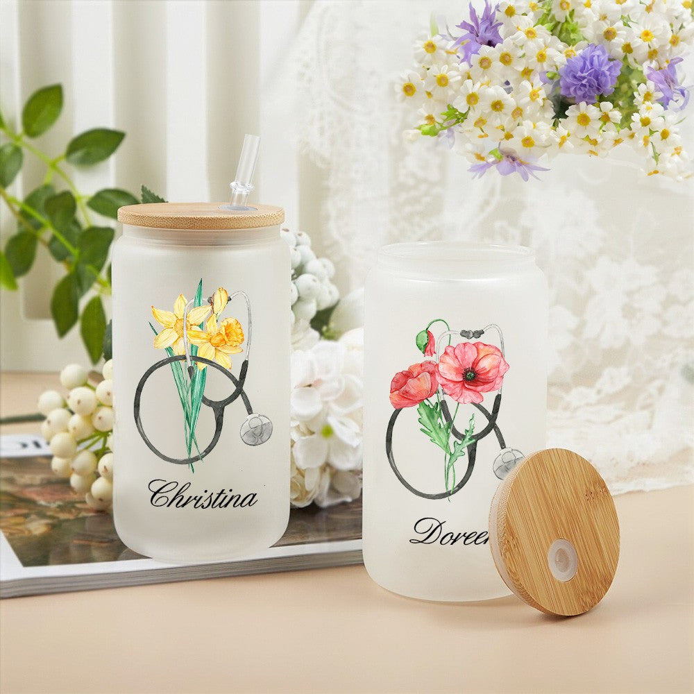 Personalized Birth Flower Stethoscope Tumbler, 20oz Name Tumbler with Straw & Bamboo Lid, Nurse Graduation Gift Cup, Gift for Doctor/Medical Staff