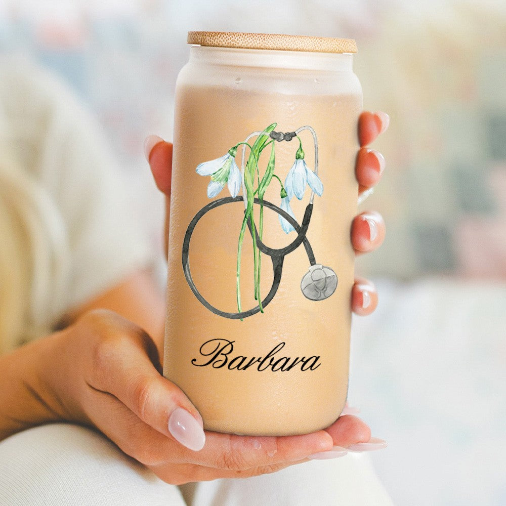Personalized Birth Flower Stethoscope Tumbler, 20oz Name Tumbler with Straw & Bamboo Lid, Nurse Graduation Gift Cup, Gift for Doctor/Medical Staff