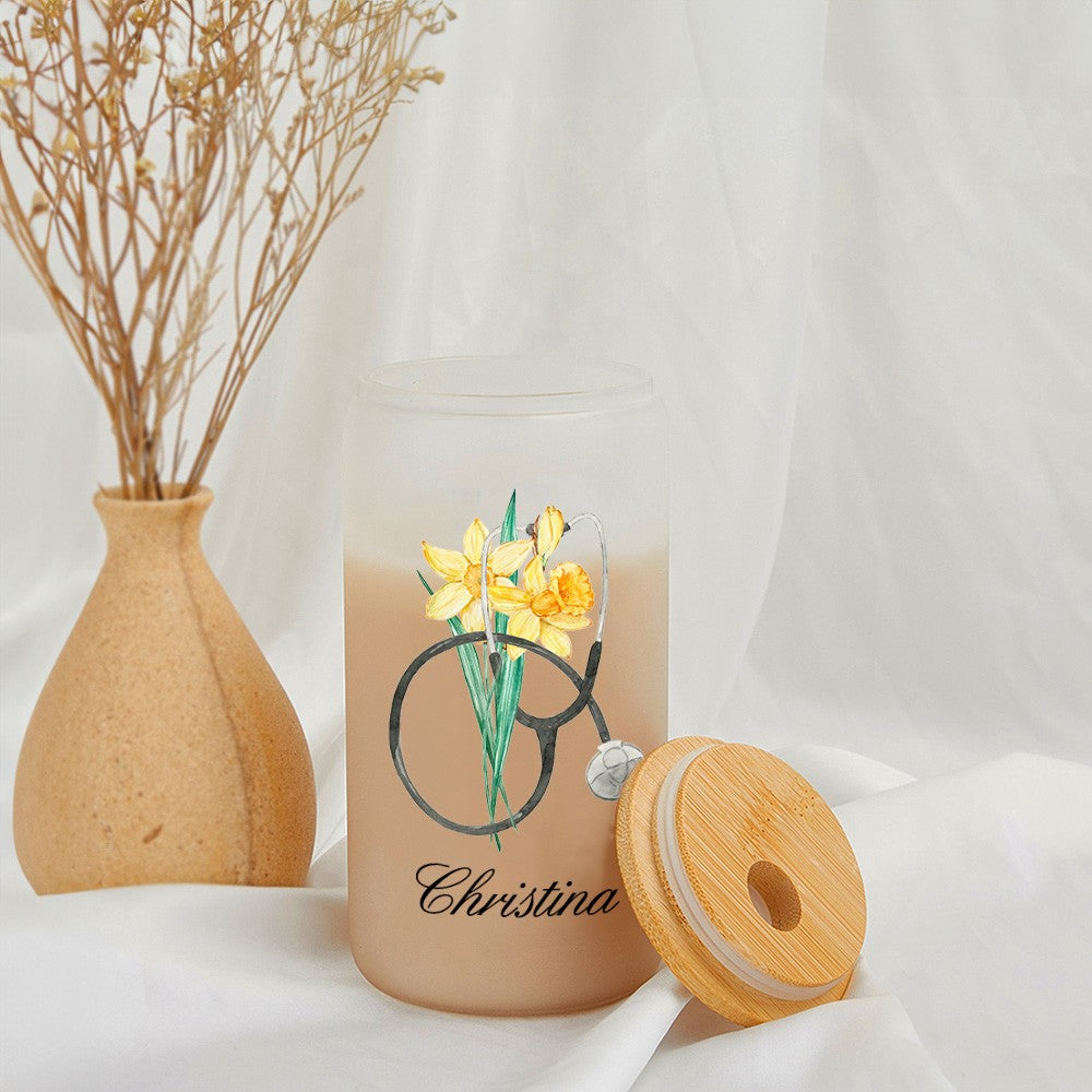 Personalized Birth Flower Stethoscope Tumbler, 20oz Name Tumbler with Straw & Bamboo Lid, Nurse Graduation Gift Cup, Gift for Doctor/Medical Staff