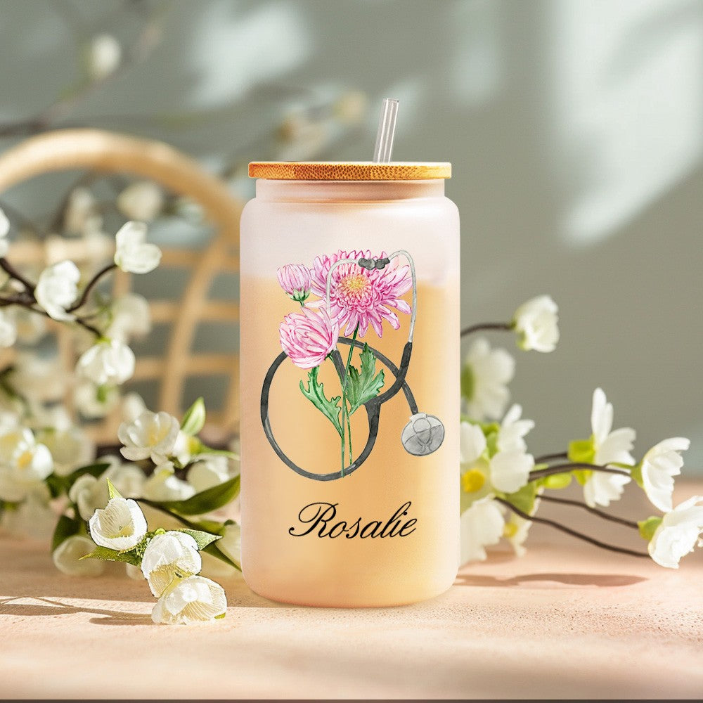 Personalized Birth Flower Stethoscope Tumbler, 20oz Name Tumbler with Straw & Bamboo Lid, Nurse Graduation Gift Cup, Gift for Doctor/Medical Staff