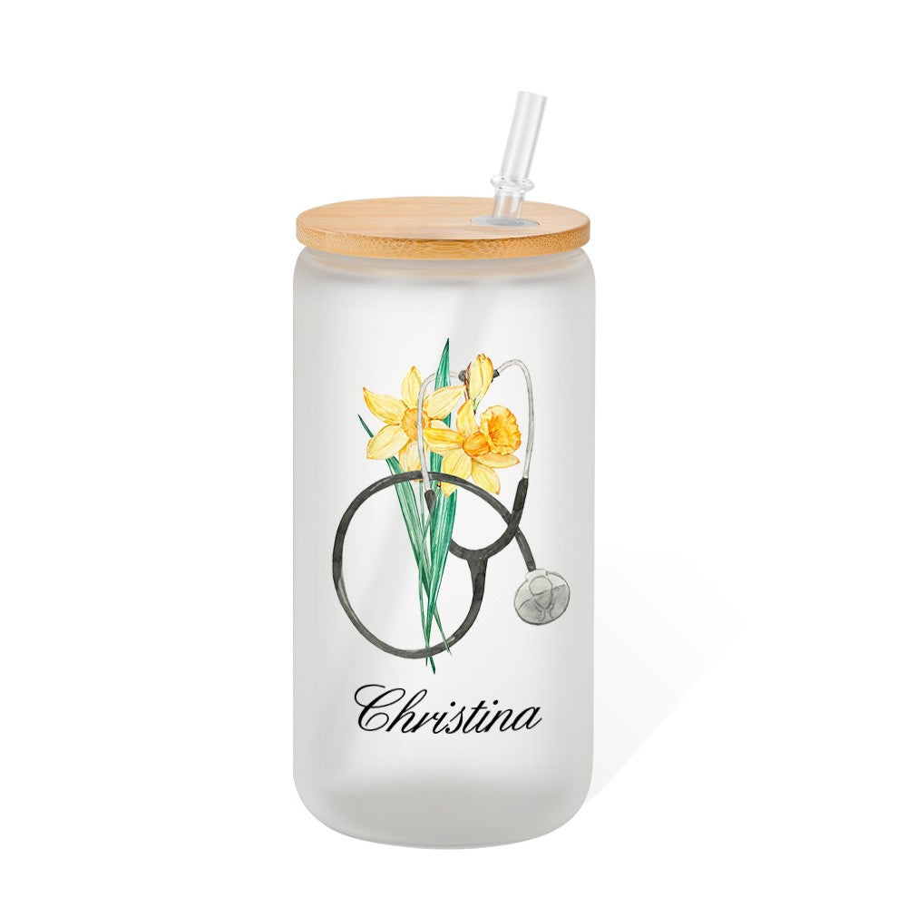Personalized Birth Flower Stethoscope Tumbler, 20oz Name Tumbler with Straw & Bamboo Lid, Nurse Graduation Gift Cup, Gift for Doctor/Medical Staff