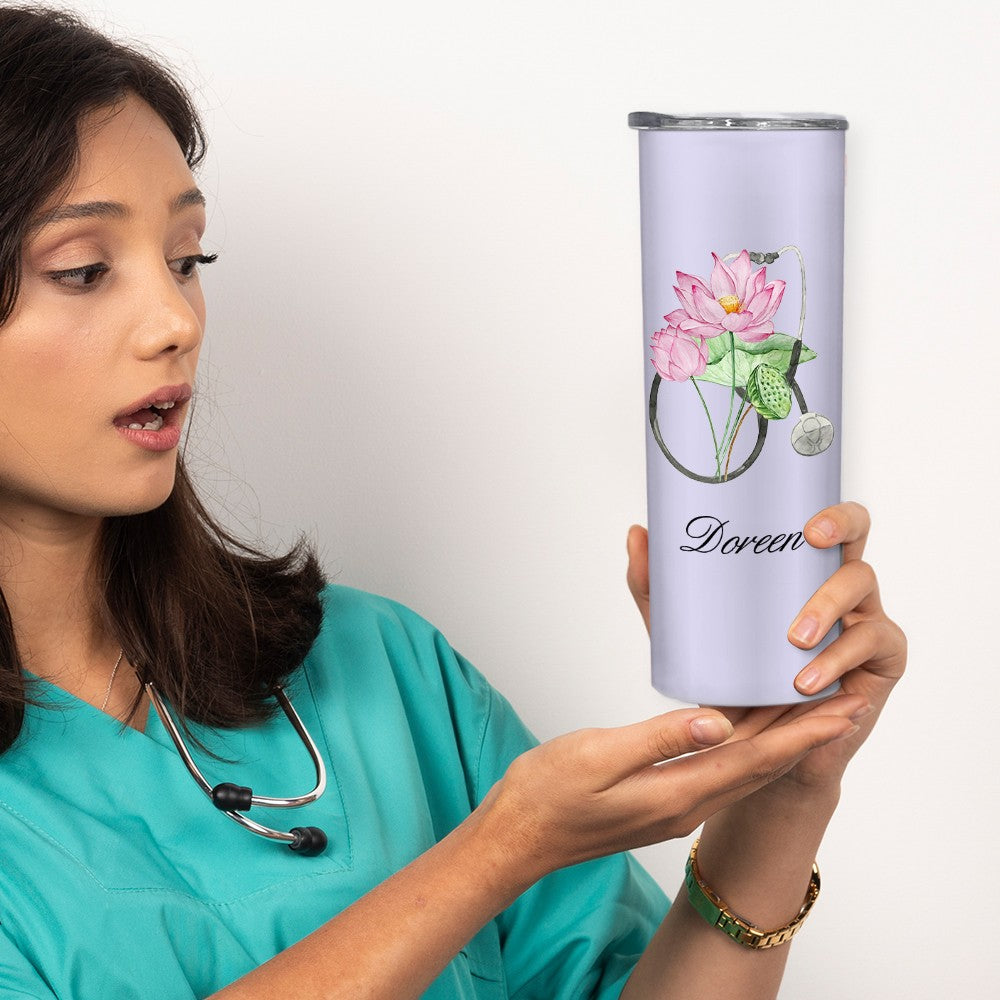 Personalized Watercolor Birth Flower Stethoscope Tumbler, Custom Name 20oz Portable Travel Cup, Nurse Graduation Gift, Gift for Doctor/Medical Staff