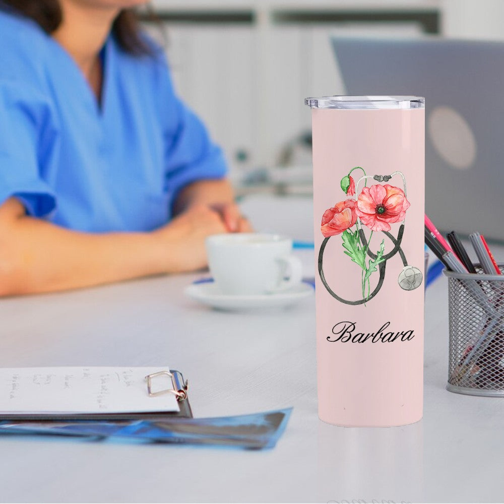 Personalized Watercolor Birth Flower Stethoscope Tumbler, Custom Name 20oz Portable Travel Cup, Nurse Graduation Gift, Gift for Doctor/Medical Staff