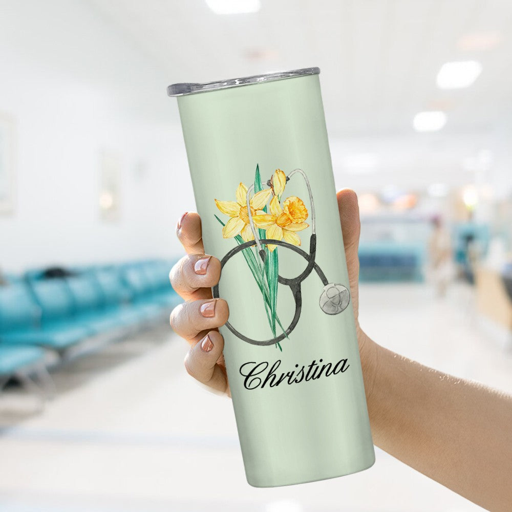 Personalized Watercolor Birth Flower Stethoscope Tumbler, Custom Name 20oz Portable Travel Cup, Nurse Graduation Gift, Gift for Doctor/Medical Staff