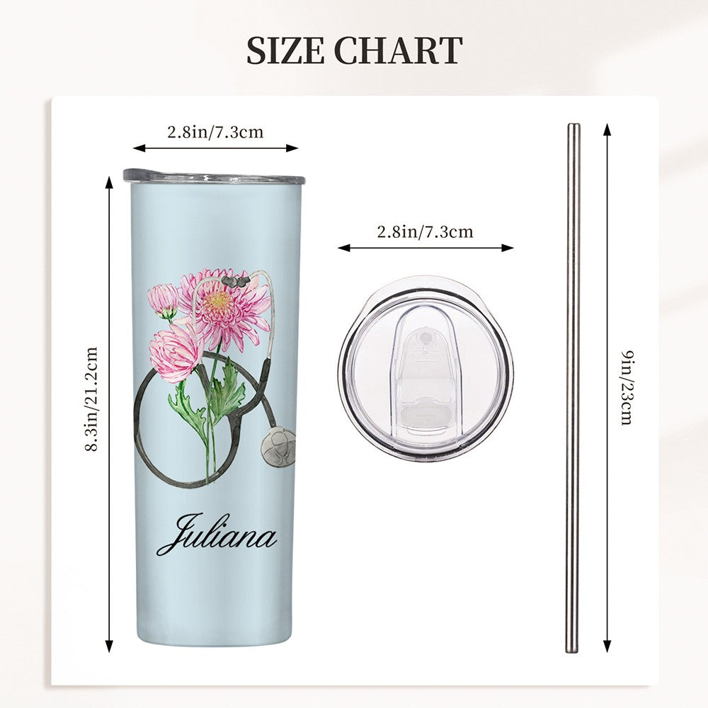 Personalized Watercolor Birth Flower Stethoscope Tumbler, Custom Name 20oz Portable Travel Cup, Nurse Graduation Gift, Gift for Doctor/Medical Staff