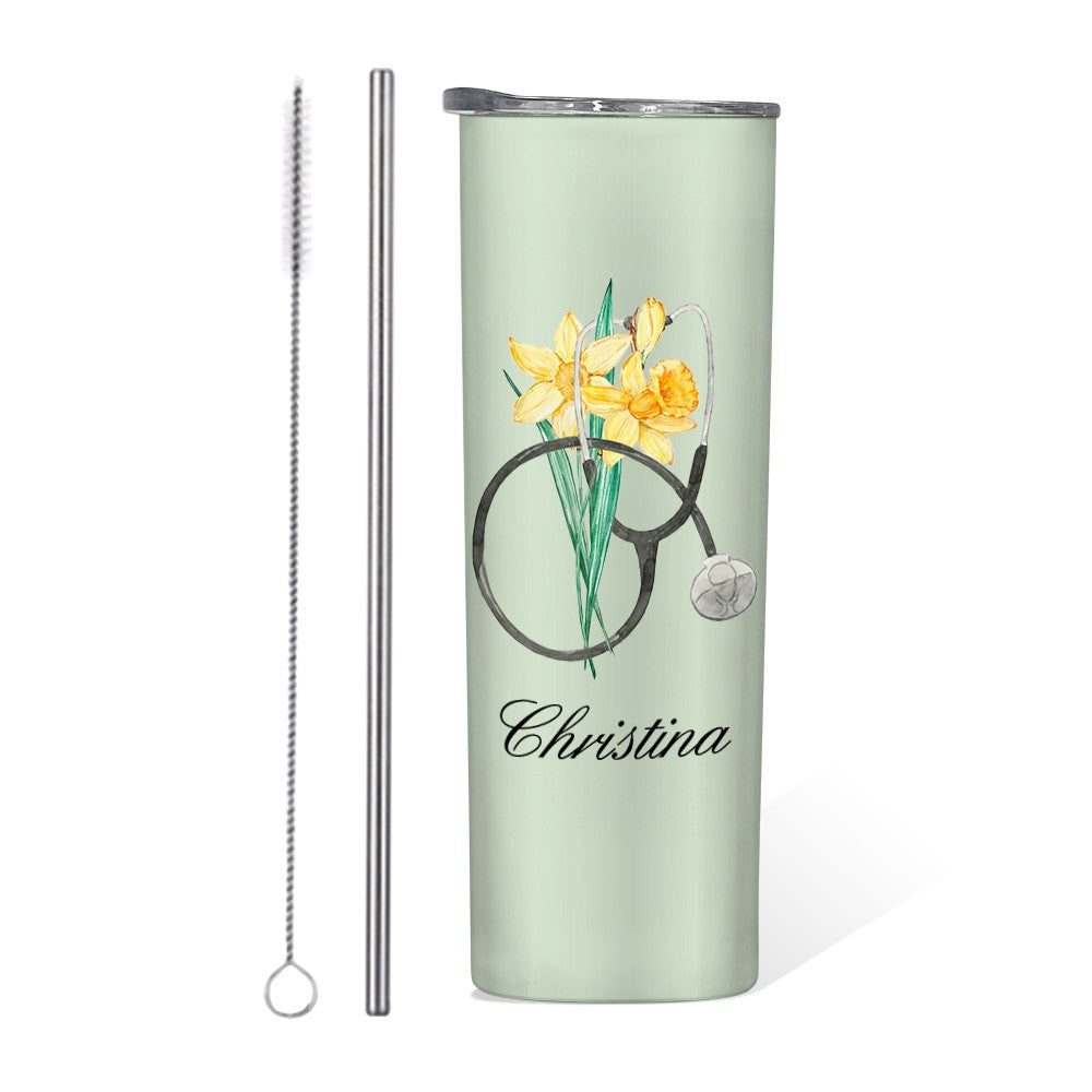 Personalized Watercolor Birth Flower Stethoscope Tumbler, Custom Name 20oz Portable Travel Cup, Nurse Graduation Gift, Gift for Doctor/Medical Staff