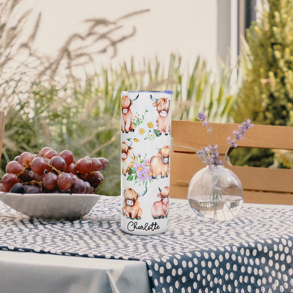 Personalized Floral Highland Cow Tumbler, 20oz/30oz Stainless Steel Mug with Straw, Highland Cow Drink Cup, Birthday/Christmas Gift for Cow Lovers