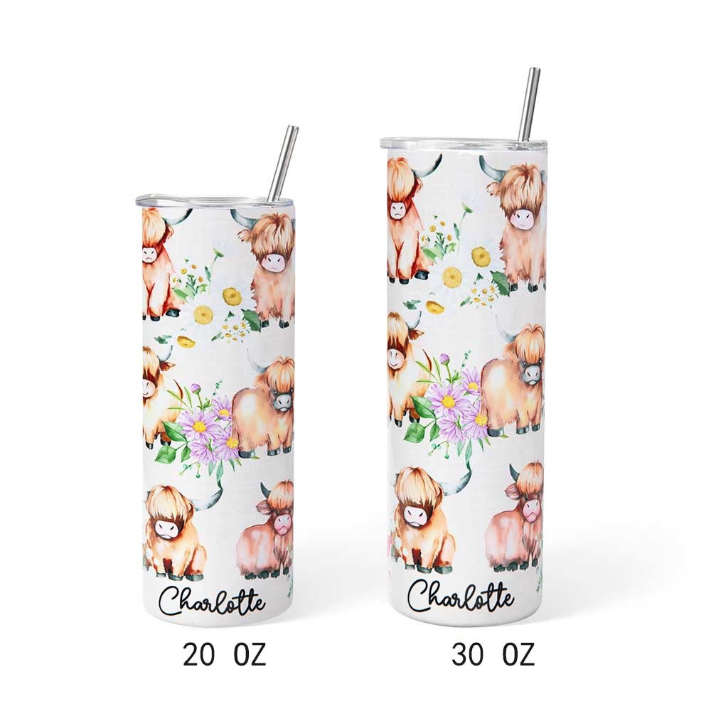 Personalized Floral Highland Cow Tumbler, 20oz/30oz Stainless Steel Mug with Straw, Highland Cow Drink Cup, Birthday/Christmas Gift for Cow Lovers